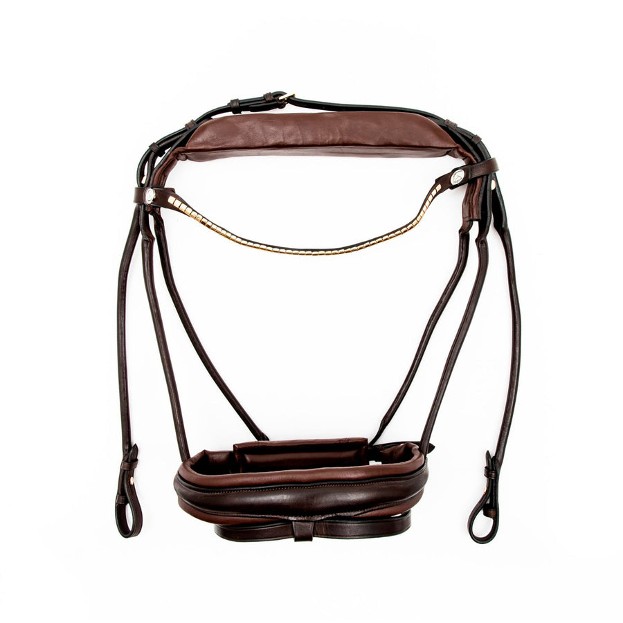 Finesse Snaffle Bridle Brown on Brown with Gold Browband Cob - Horse Bit Emporium